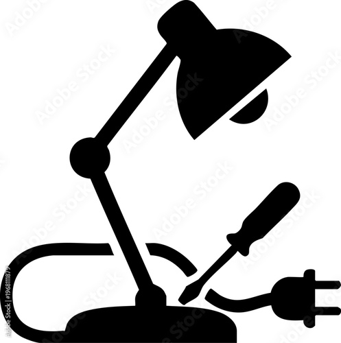 Desk lamp repair with screwdriver and electrical plug vector silhouette icon.