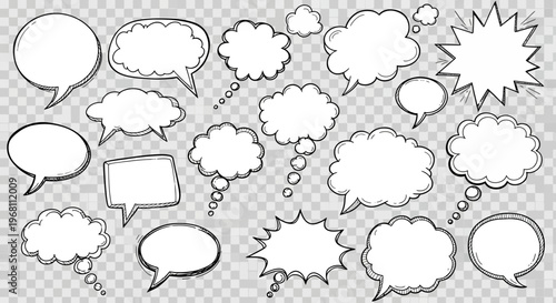 Collection of hand-drawn speech bubbles on a transparent background, design elements