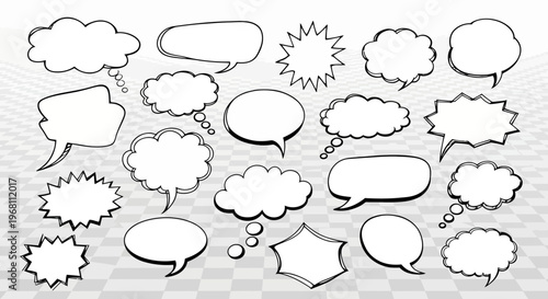 Collection of Hand-Drawn Speech Bubbles on a Checkered Background for Creative Design