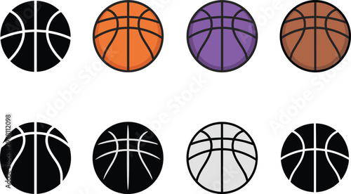 Basketball icon collection featuring flat outline and solid styles in multiple colors modern sports ball vector set isolated on light background
