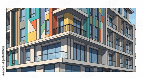 Architectural Illustration of a Modern Apartment Complex with Colorful Facade Design