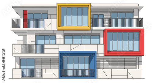Architectural Illustration of a Modern Apartment Building with Colorful Accents Design