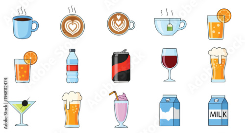 Diverse flat design beverage icons showcasing coffee, tea, juice, soda, water, wine, beer, cocktails, milkshakes, and milk, perfect for modern