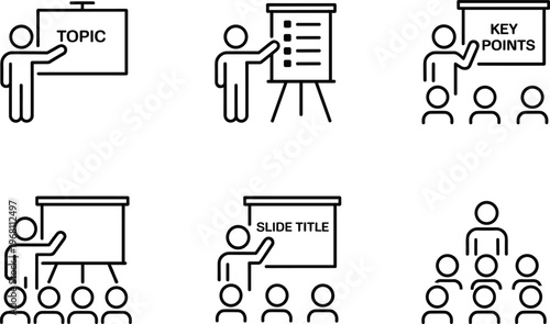 Business presentation icon set with outline style people giving lecture meeting training seminar vector collection isolated on white background