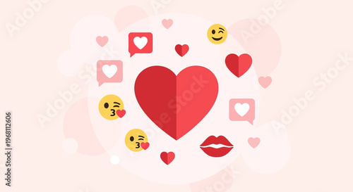 Red Heart Icon Collection, Emojis and Lips on Pastel Background - Love Concept