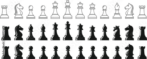Chess pieces full set, black and white outlines and silhouettes, king queen bishop knight rook pawn, strategy board game illustration