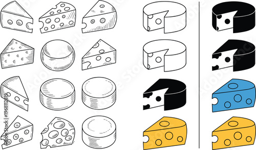 Cheese icon set with outline and flat styles dairy food slices and wheels vector collection isolated on white background