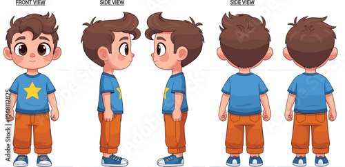 Cute boy character turnaround vector illustration front side back view cartoon kid design children model sheet animation reference isolated white background
