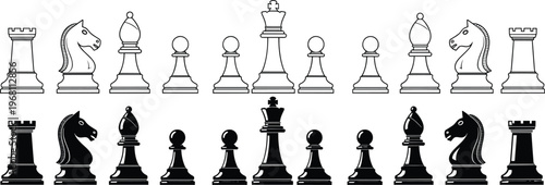 Chess pieces line and silhouette set, black and white board game elements, king queen rook bishop knight pawn illustration