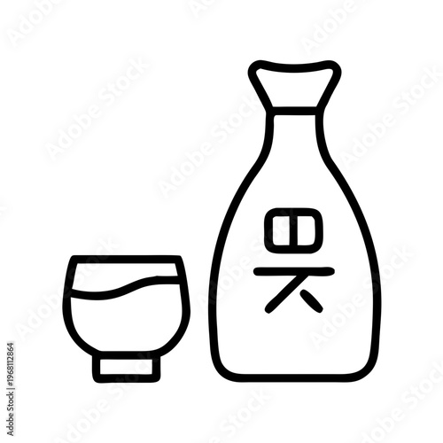Sake bottle and cup in minimalist style with Japanese characters  