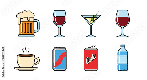 Vibrant vector collection showcasing diverse beverages including beer, wine, martini, hot coffee, soda, and water. Both alcoholic and non-alcoholic