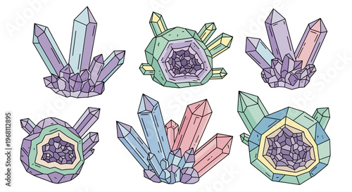 Colorful illustration of different crystals, quartz, and geodes on a white background