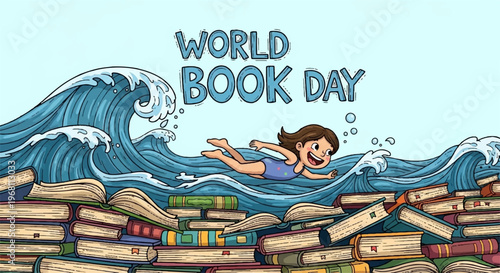 Woman swimming through ocean wave over pile of books on world book day with thought bubbles