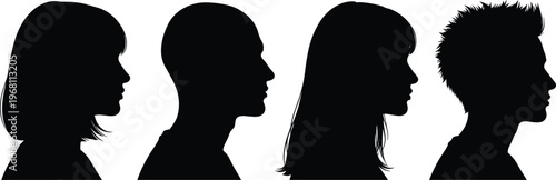 Human head profile silhouettes collection vector illustration male female faces side view black silhouette set isolated design elements minimal style pack