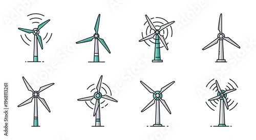 Illustration depicting various wind turbines showcasing renewable energy and ecological
