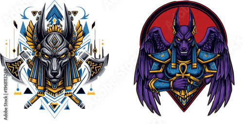 Hand-Drawn Warrior and Egyptian Deity Illustration Set with Anubis and Protective Symbolism for Mystical and Spiritual Designs