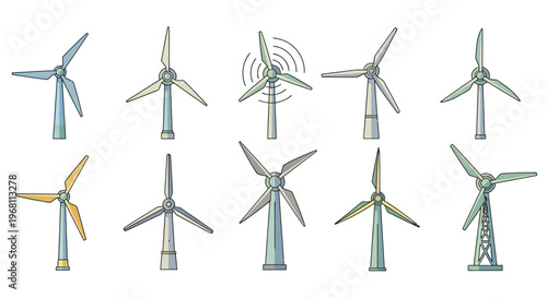 Illustration depicting various wind turbines showcasing renewable energy and sustainable power