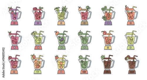 Illustration of a variety of blender fruit smoothies, various flavors and colors displayed