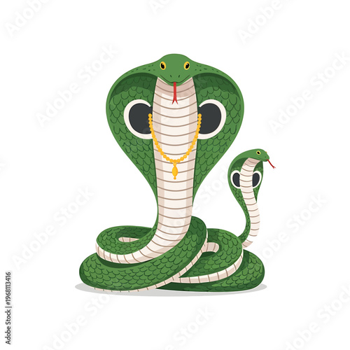 Illustration of a green snake with a gold necklace and a threatening posture on a white background