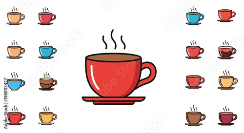 Illustration of a steaming coffee cup surrounded by various cup designs, isolated