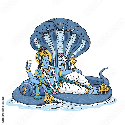 Hindu god Vishnu sitting on a blue snake in water with a serene mood