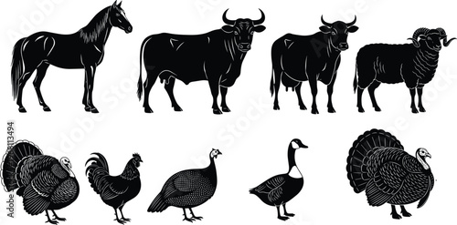 Black silhouette vector illustration of farm animals including horse, bulls, ram, turkeys, rooster, guinea fowl, goose