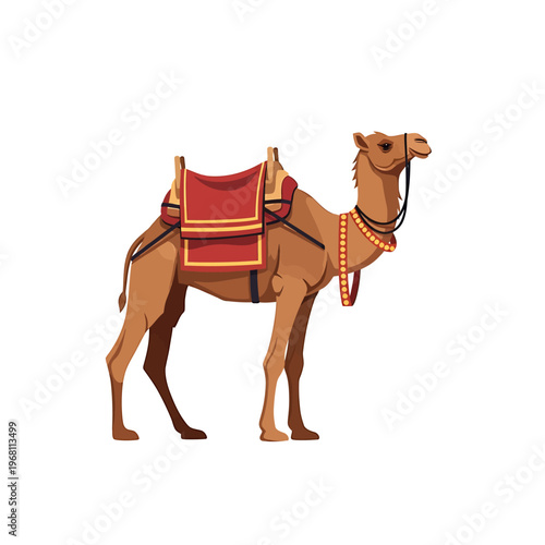 Illustration of a camel with a red and yellow saddle on a white background