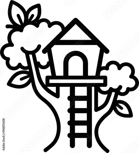 Treehouse with ladder and leaves around.