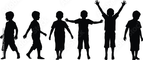 Kids silhouettes collection vector illustration children figures standing walking jumping poses black silhouette set isolated design elements minimal style pack