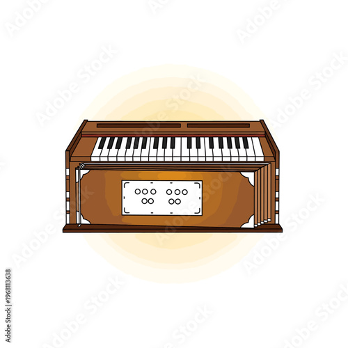 Digital illustration of a traditional Indian harmonium with a warm glow on a white background