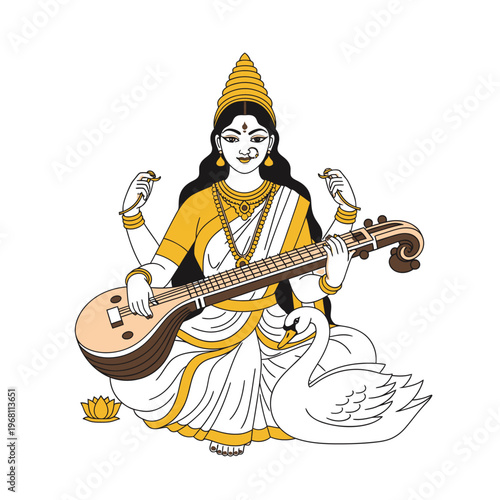 Illustration of Hindu goddess Saraswati playing a veena with a swan, in traditional attire, against a clean white background.