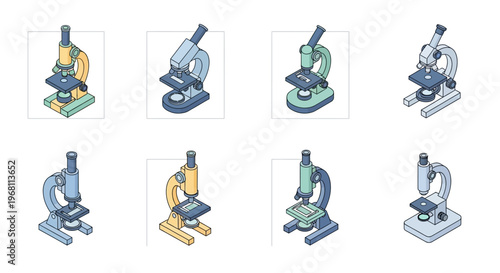 Illustration of various color microscopes for scientific or educational themes
