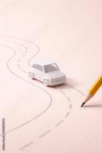 Minimal Car On Pencil Drawn Road Creative Journey Concept