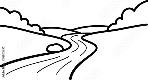 Winding road through rolling hills landscape.