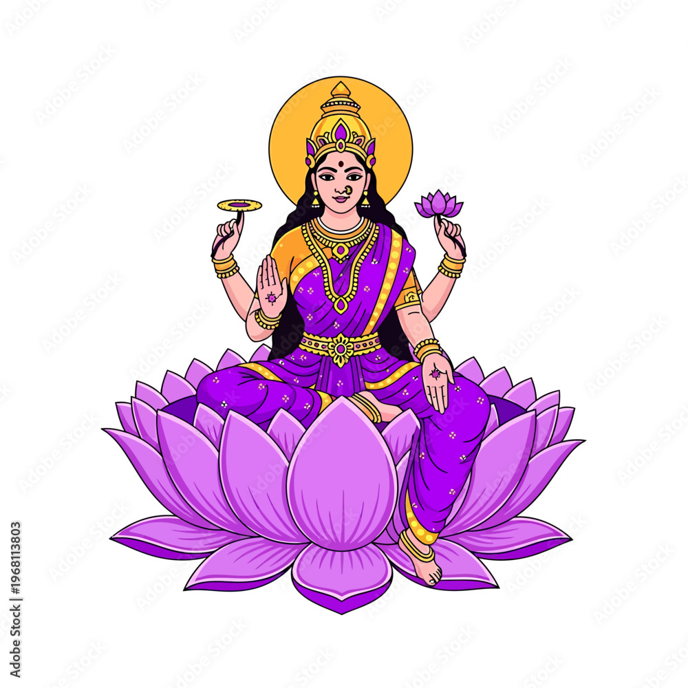 Fototapeta premium Illustration of Hindu goddess Lakshmi sitting on a lotus flower with offerings, wearing traditional purple and gold attire against a white background.
