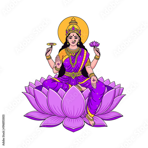 Illustration of Hindu goddess Lakshmi sitting on a lotus flower with offerings, wearing traditional purple and gold attire against a white background.
