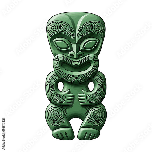 Digital illustration of a green Maori tiki statue with intricate designs on a white background.
