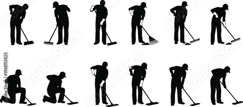 Cleaning worker silhouettes sweeping floor with broom and rake showing janitor housekeeping maintenance service poses isolated vector illustration collection set