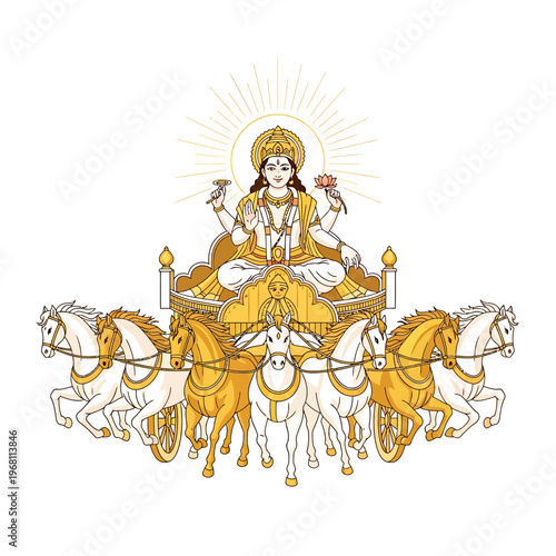 Hindu goddess Surya riding a chariot pulled by seven white horses with golden accents against a white background