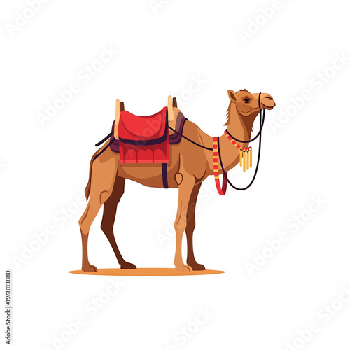 Illustration of a brown camel with a red saddle standing on a plain background.