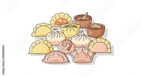 A delightful illustration showcasing an assorted collection of traditional Asian dumplings and their perfectly complementing dipping sauces for