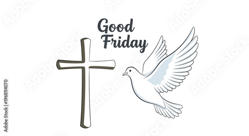 Good Friday design illustration featuring a dove flying next to a cross on a white background with a religious theme