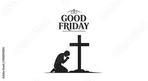 Vector illustration of a person kneeling in prayer beside a cross on Good Friday with a simple design and solemn mood.