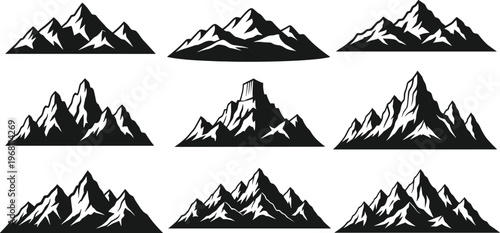 Mountain silhouettes collection vector illustration black peaks landscape nature alpine ranges isolated design elements minimal graphic set for outdoor adventure branding