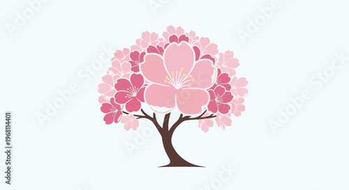 Stylized illustration of a blooming pink cherry tree on a pale blue background