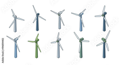 Illustrated collection of cartoon wind turbines, representing renewable energy and power generation