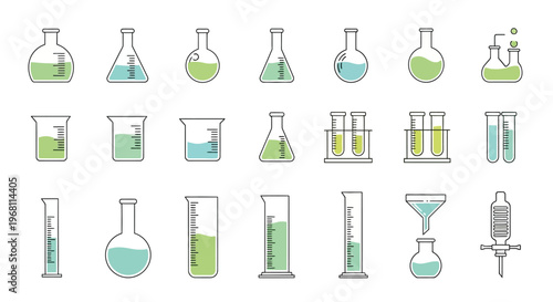 Illustrated chemical glassware collection for science, research, and laboratory experiments