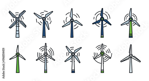 Illustrated collection of colorful wind turbines, showcasing renewable energy concepts and resources