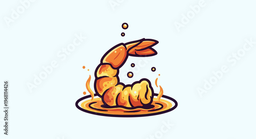Stylized illustration of a bright orange shrimp in a golden sauce with stylized flames and bubbles