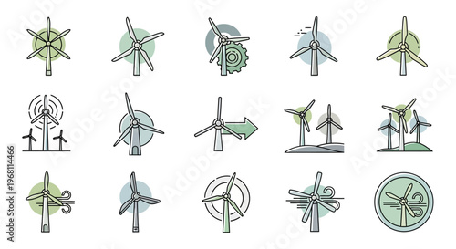 Illustrated collection of various wind turbine designs showcasing renewable energy concepts